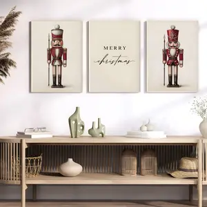 Nutcracker painting vintage Christmas decorations set of 3, rural holiday farmhouse Christmas decoration, neutral winter print poster decoration for living room