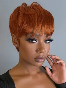 Pixie Cut Wig Ginger Color Short Straight Human Hair Wig, Machine Made Pixie Cut Wigs for Women, Daily Party Cosplay Gift Use