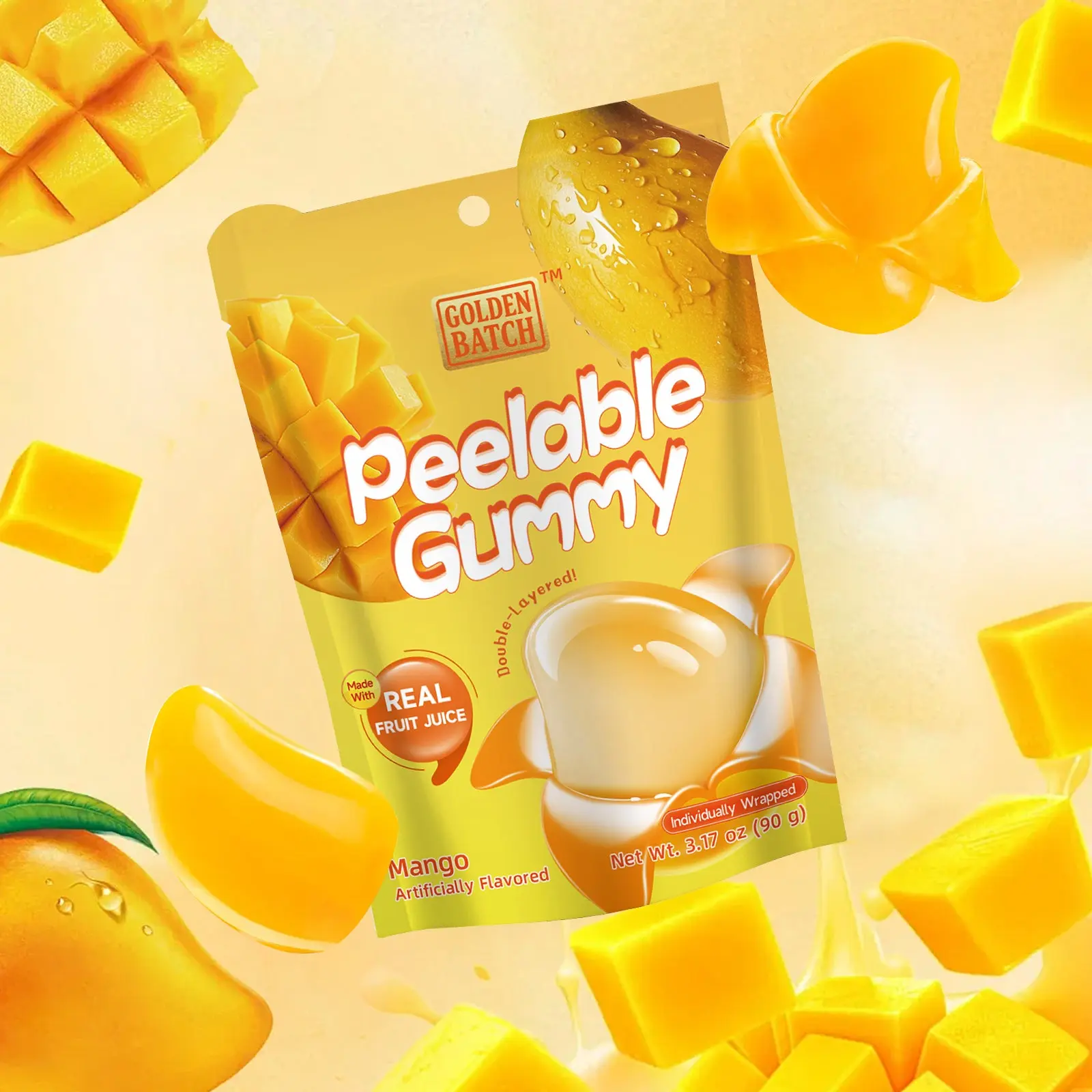 Satisfying Peelable Mango Gummies | Double Layer Real Fruit Juice Candy | Halal High VC Chewy Snack
