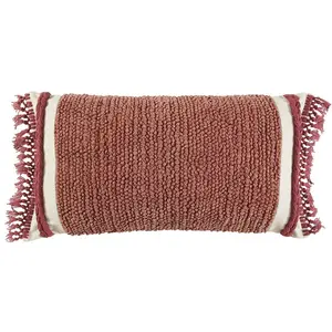 360 stand Boho Vibe Rectangular Lumbar Pillow - Rust Braided Stripes, Macrame Fringe, Cotton Cover, Nubby Texture, 360-Degree Stand Design, Artisan Lumbar Pillows, Braid-Wrapped Lumbar Pillows