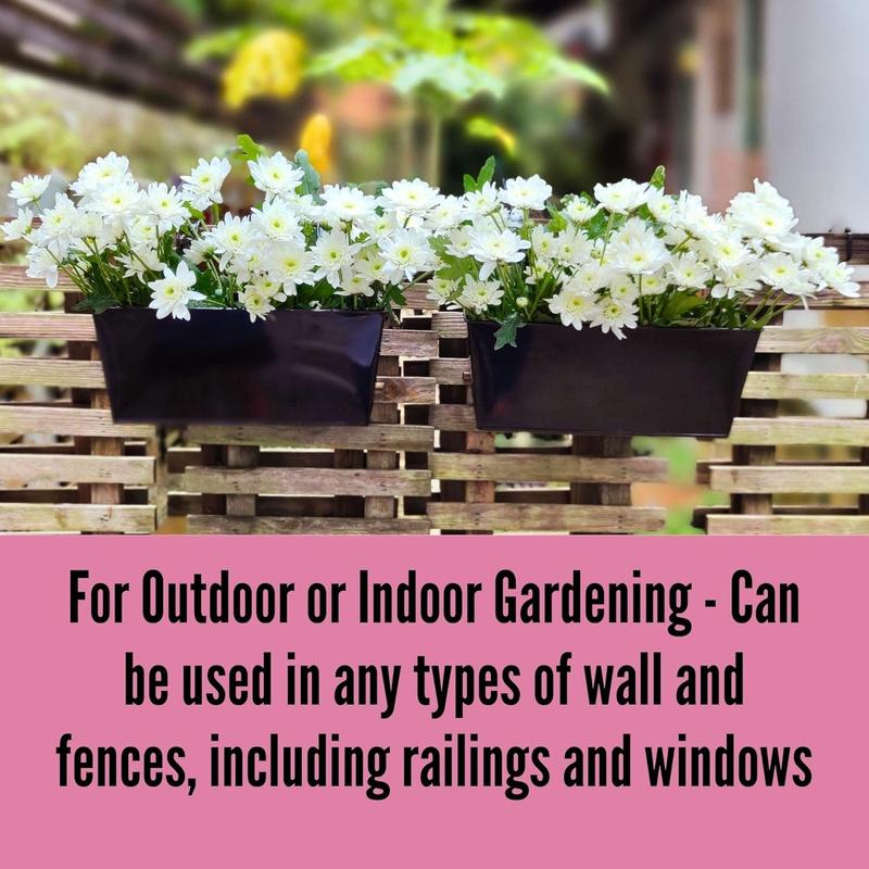 LaLaGreen Rail Planters (6 Pack, 14 Inch) Black Metal Rectangle Strawberry Window Boxes Outdoor Balcony Deck Railing Fence Hanging Flower Herb Pot with Detachable Hook Patio Porch Farmhouse Minimalist