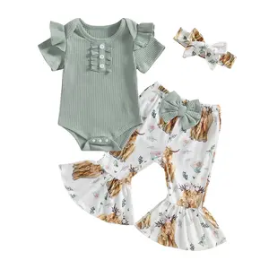 Western  Baby Girl Summer Clothes Ribbed Ruffle Bodysuit Boho Highland Cow Floral Flared Pants Set Bow Headband Infant Bell Bottoms Outfit Cute Newborn Coming Home Cake Smash Photo