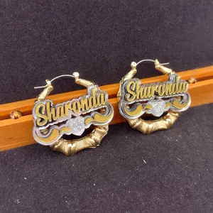 Personalized Gold Bamboo Hoop Earrings – Custom Name Plate with Heart & Swirl Design, Laser Cut Lightweight Statement Jewelry for Women, Teen Girls, Birthdays, Holidays, Christmas, Graduation, Mother’s Day Gift