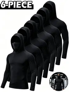 Men's 6-Pack All Black Lightweight Performance Hoodies, Long Sleeve Hooded Tops with Built-In Face Mask, Breathable Moisture Wicking UPF Sun Protection Compression Athletic Shirts for Gym Fishing Running Hiking Construction
