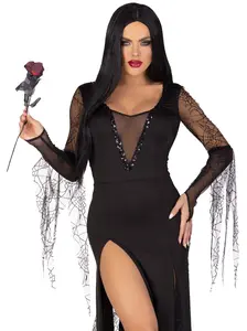 Leg Avenue Women's Sequin Backless Ruched Slit Halloween Costume - Spooky Beauty Sexy Morticia Cosplay Dress, Hand Wash Only