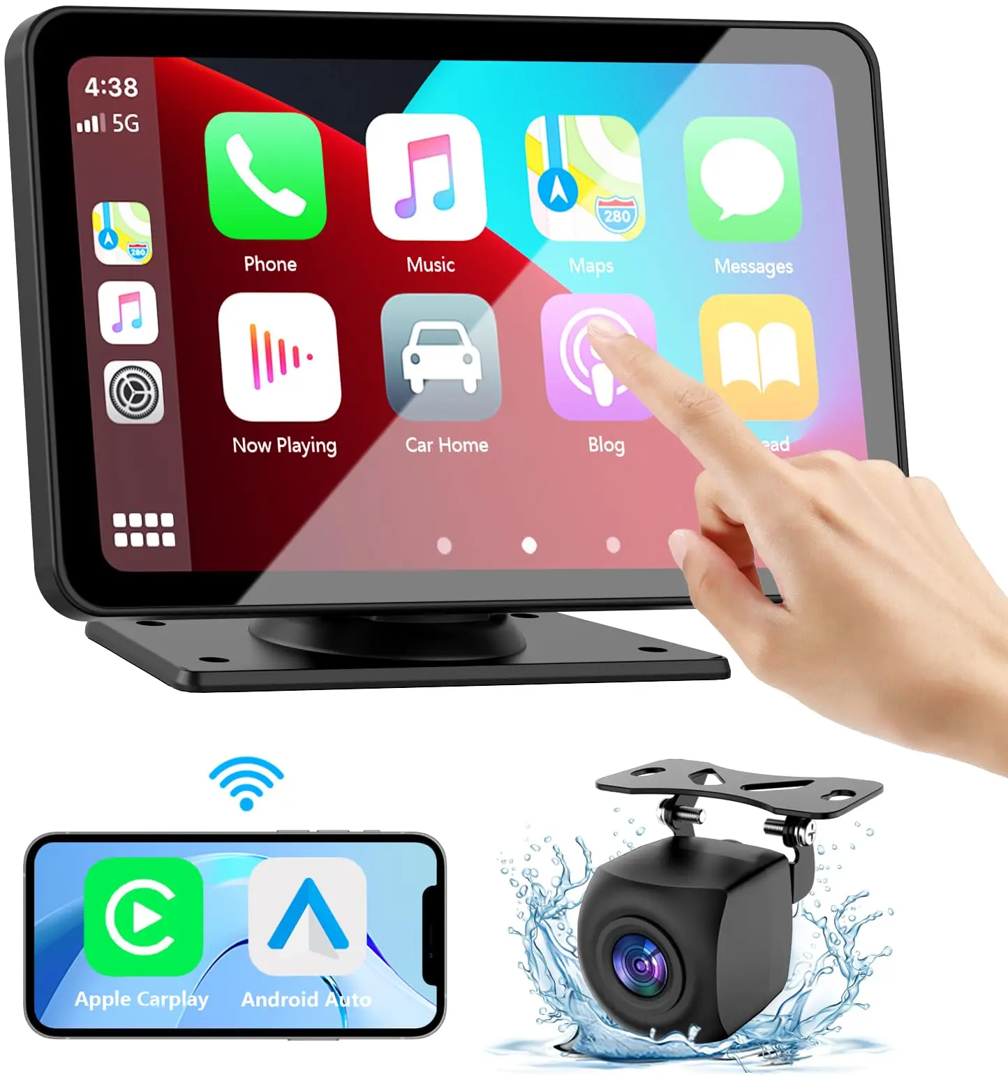 Portable Wireless with Apple CarPlay and Android Auto Screen for Car, 7" HD Touch Screen Car Stereo with Mirror Link, Bluetooth 5.2, Backup Camera, AUX,FM Transmitter for All Vehicle