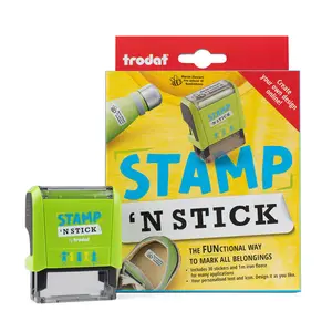 TRODAT Stamp 'N Stick Clothing Toys and Accessories Labeling System Custom Name Stamp Waterproof Dishwasher Safe for Summer Camp - Adhesive Stickers