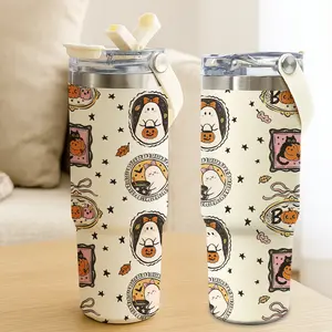 30oz Halloween Themed Insulated Tumbler with Lid and Straw, Cute Ghost and Pumpkin Cat Print, Leak Proof Thermal Mug, Keep Hot 12H Cold 24H, Holiday Drinkware, Spooky Gift for Friends and Family.