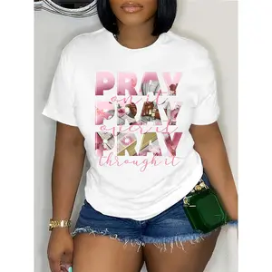 Women Casual T-Shirt with "Pray On It Pray Over It Pray Through It" Inspirational Quote & Floral Lettering - White Round Neck Short Sleeve Top for Spring Summer Fall, Ladies T Shirts, Everyday Comfort, Relaxed Fit Tee, Machine Washable Shirt