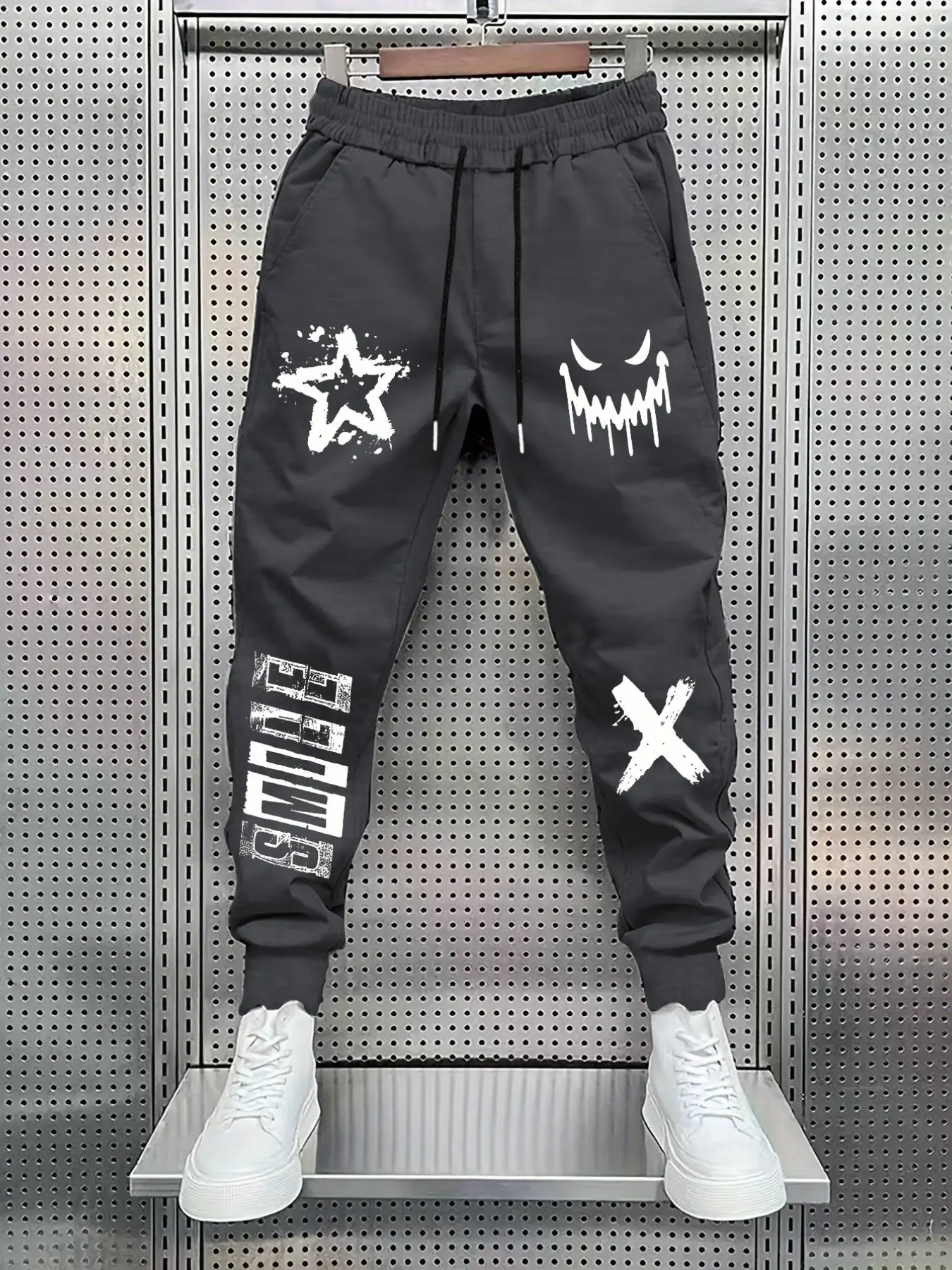 Men's Graffiti Prints Smiley Star Print Drawstring Waist Jogger Pants, Y2K Streetwear Casual Cargo Sweatpants, Athleisure Style Bottoms, Hip Hop Street Fashion #Y2KFashion #StreetwearPants #JoggerPants #HipHopStyle #TikTokMadeMeBuyIt
