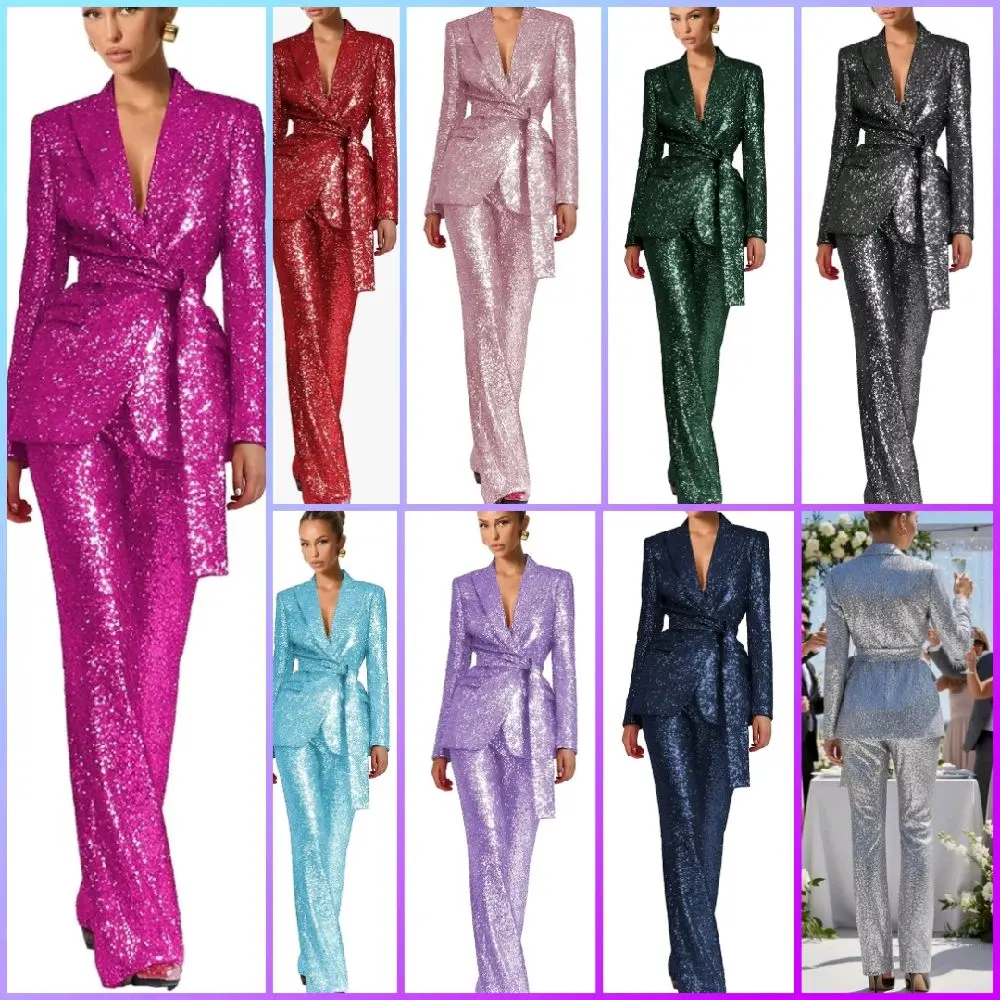 Women 2 Piece Womens Suit with Belt Glitter Sparkly V Neck Womens Tuxedo Suit Set for Party Prom