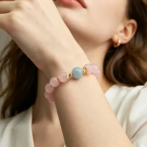 Natural Rose Quartz & Aquamarine Bracelet|Love & Relationship Attraction, Communication & Expression, Single Wrap Crystal Hand Chain, Women's Hand Jewelry, Five Elements Luck