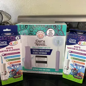 GuruNanda Lion & Lamb Kit 2.0, Electric Toothbrush with Water Flosser Combo, 4 Jet Tips, 4 Brush Heads & IPX7 Waterproof Design for Complete Oral Care