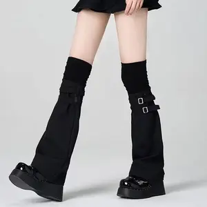Minimalist Design Fake Two-Piece Patchwork Knee-High Leg Warmers Premium Stackable Thigh Socks Subculture Unique Leather Buckle Decor Wide Leg Thin Sleeves Fashion Style