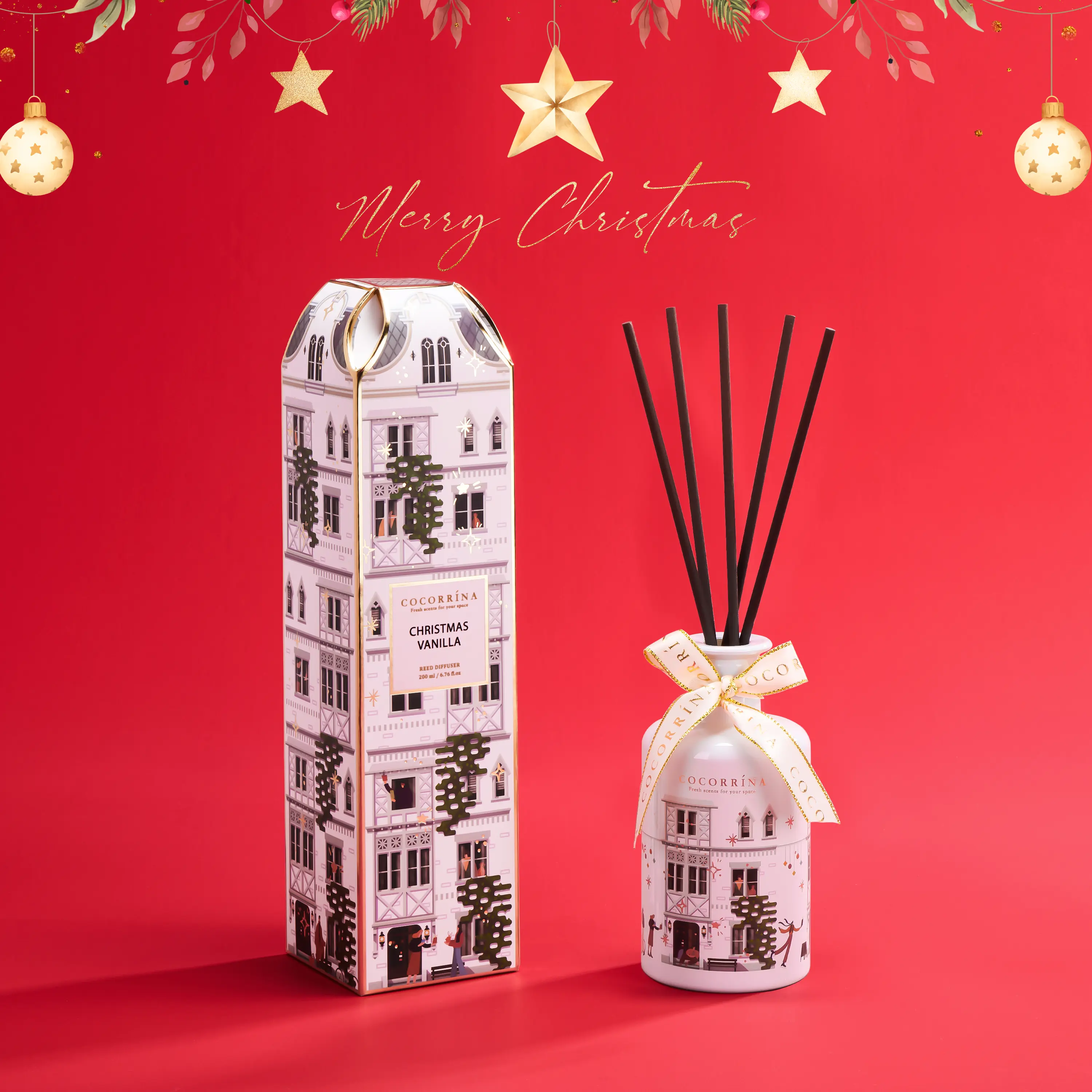 COCORRÍNA Christmas Reed Diffuser - Christmas Vanilla 6.76 fl oz Reed Diffuser with 8 Sticks Home Fragrance Bathroom Shelf Decor (Festive House Collection)