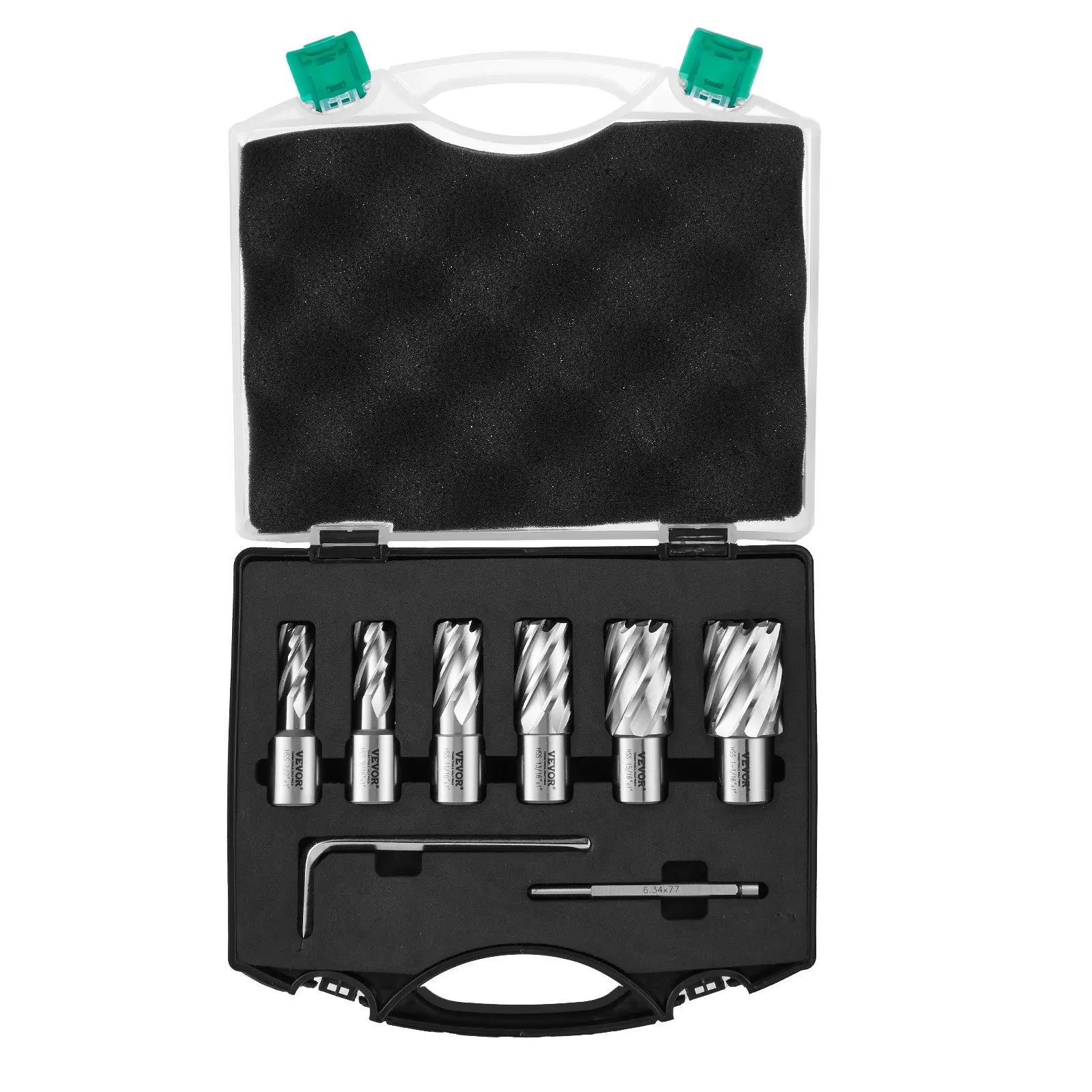 VEVOR 6-Piece High Speed Steel Annular Cutter Set, Weldon Shank with Pilot Pin, Hex Wrench & Portable All-Inclusive Package - 1/2" to 1-1/16" Cutting Diameter, 1.65 lbs Drill Accessory