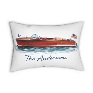 Personalized Wooden Boat Name Drop Lumbar Pillow | Plaid Back, Custom Boat Design