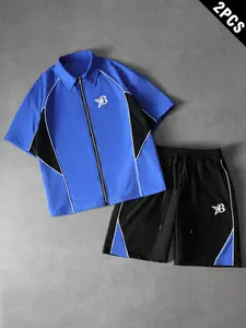 Y2K Cobalt Blue Color Block Tracksuit Set - Full-Zip Polo Top & Shorts with Star Logo, 90s Sporty Summer Outfit, Casual Sportswear Outfit, Casual Streetwear for TikTok OOTD, Perfect for Gym, Hangouts