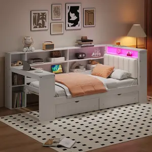 Wood Twin/Full Size Platform Bed with Storage Shelves, Drawers, Charging Station, LED, Desk and Upholstered Headboard, White+Beige Cushion
