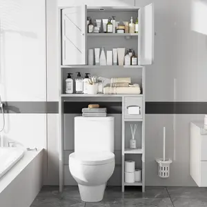 Walsunny Over The Toilet Storage Cabinet, Bathroom Farmhouse Storage Cabinet with Adjustable Shelf, 2-Door Toilet Storage Rack with Toilet Paper Holder, White