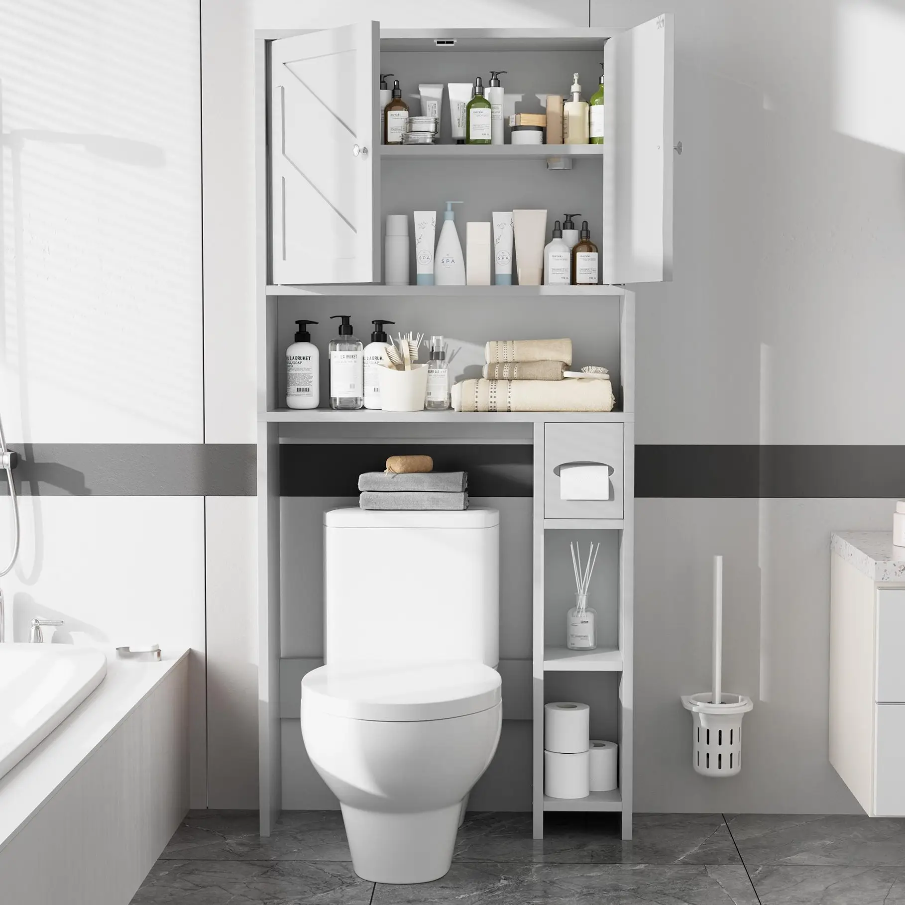 Walsunny Over The Toilet Storage Cabinet, Bathroom Farmhouse Storage Cabinet with Adjustable Shelf, 2-Door Toilet Storage Rack with Toilet Paper Holde