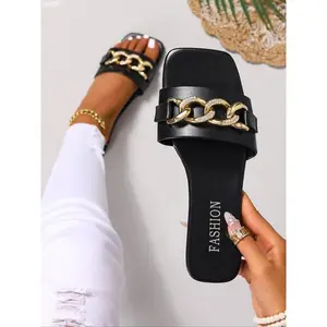 Women's Fashion Black Chain Decorated Slide Sandals, Casual Comfortable Flat Fashionable Sandals for Beach, Outdoor, Daily Wear, Walking Shoes, Footwear Strap Slides, Casual Trendy White Sandals (Rain Shoes & Covers)