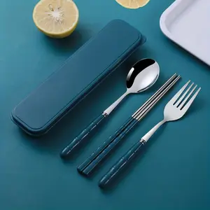 4pcs Polished Stainless Steel Travel Cutlery Set with Carrying Case - Reusable, Portable Flatware for Camping, School, Office - Includes Spoon, Fork, Chopsticks, Knife Tableware Blue