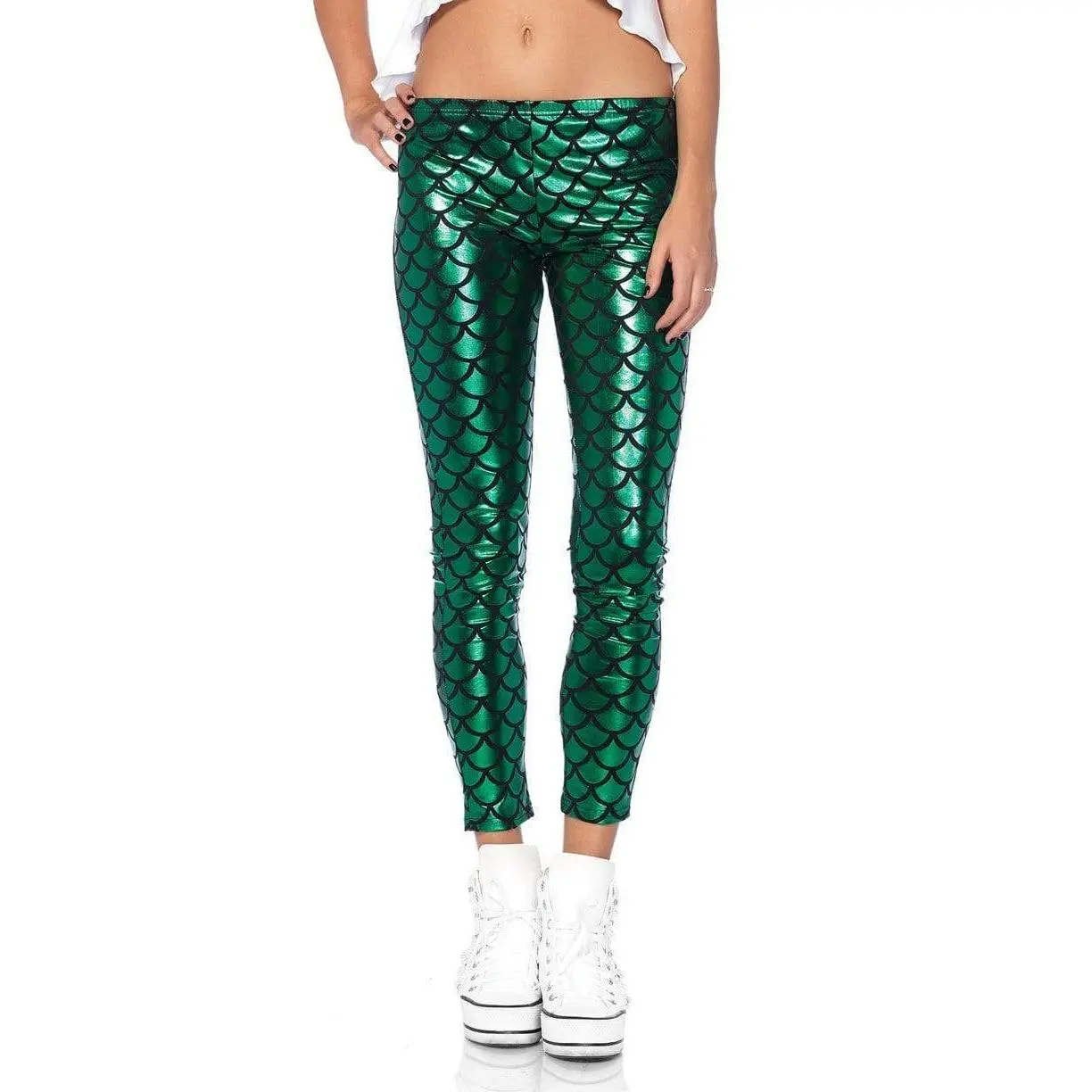 Women's Shimmer Sea-Themed Hipster Leggings - Cosplay & Comic Outfit, Fits School, Halloween Occasions, Shell, Bra, Bottom, Costume, Modest, Soft, Metallic, Family, Party, Comfortable, Mermaid