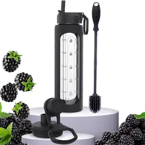 32 oz Glass Water  with Time Marker Reminder, Straw Lid, Removable Silicone Sleeve and EXTRA LID (BLACK) + CLEANING BRUSH - Wide Mouth Drinkware, Portable