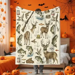 Ultra-Soft Flannel Hunting & Fishing Blanket - Deer, Fish, Cabin, Campfire Design - Lightweight Bedspread for Couch, Bed, Cabin, RV - Machine Washable - Perfect Gift for Outdoorsmen