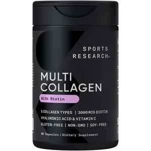 Sports Research® Biotin-Infused Collagen Peptides Complex with Hyaluronic Acid – 5 Multi Collagen Types for Hair, Skin & Joint Support* - Gluten Free · Non-GMO · 90 Capsules
