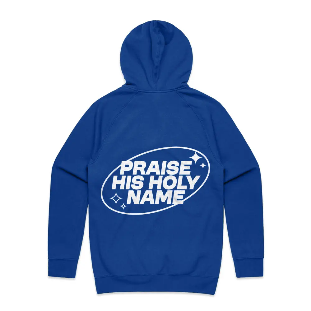 Praise His Holy Name Hoodie - Blue Pullover with Front Graphic, Hooded Design, Long Sleeves, Casual Style for Men Menswear Sweatshirts