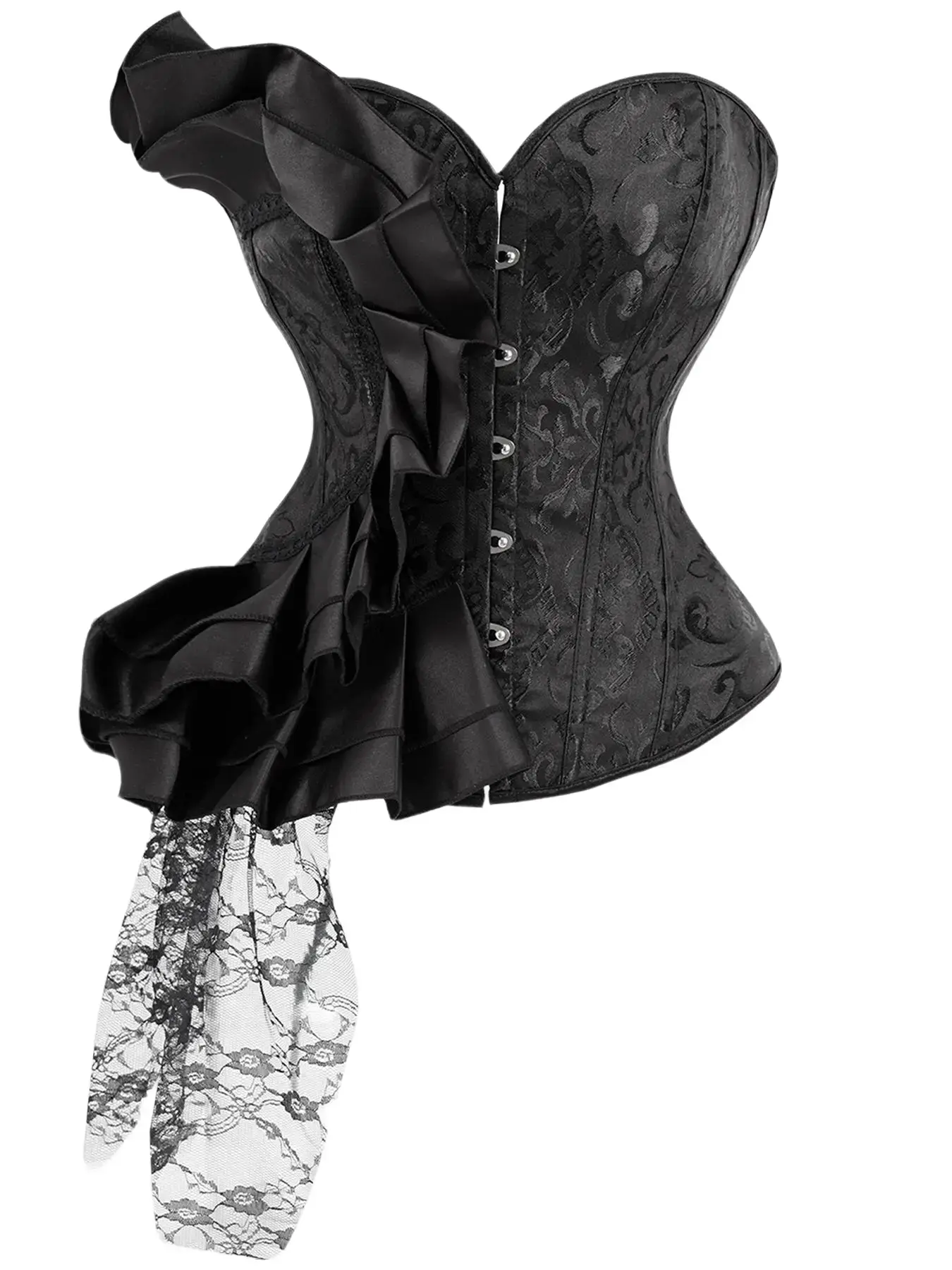 Women Victorian Jacquard Strapless Bustier Corset, Front Hook, Adjustable Lace-Up Back, Boned Waist Shaper, Ruffle Tiered Lace Train, Wedding Evening Party Hourglass Shapewear Top