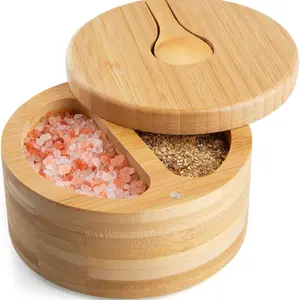 Large Bamboo Spice Box with Rotating Lid, Bamboo Salt Wine Cellar with Lid, 2-Compartment Salt Pepper Bowl, Spice Salt Container Stand Kitchen Seasoning Utensils