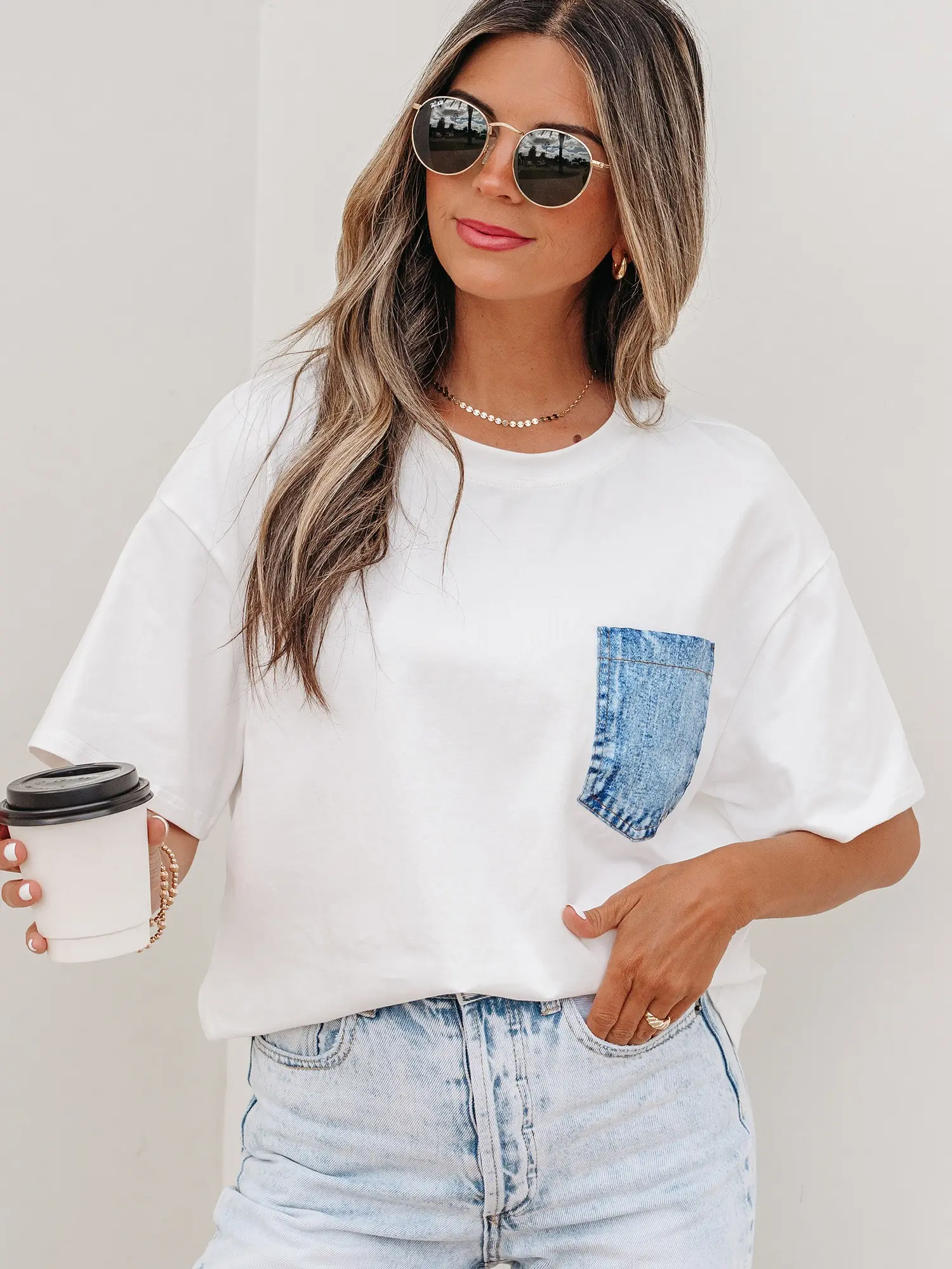 Women's Casual Short Sleeve Round Neck T-Shirt Denim Patch Pocket Colorblock Shift Top Daily Summer Vibe Tee