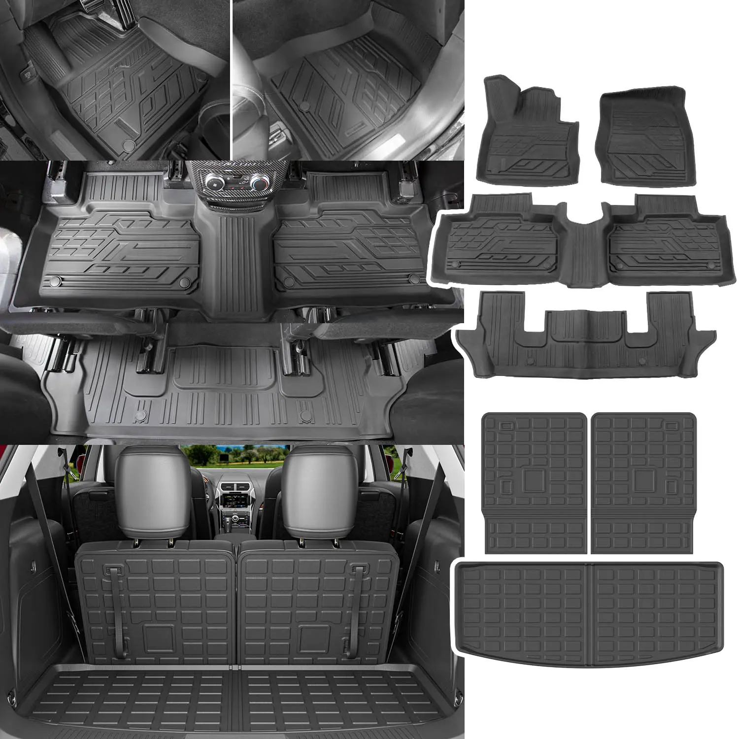 [Fits 20-26 Explorer] Floor Mats Compatible with 2020-2026 Ford Explorer 6&7 Seats Cargo Mat Cargo Liner TPE Replacement for 2020-2023 2024 2025 2026 Ford Explorer Accessories (Trunk Mat+Backrest Mats+Floor mats)