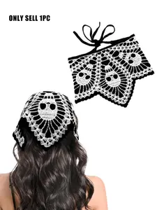 Halloween Skull Pattern Crochet Headband, Vintage Knitted Triangle Scarf for Women, Fashion Party & Daily Wear Hair Accessory