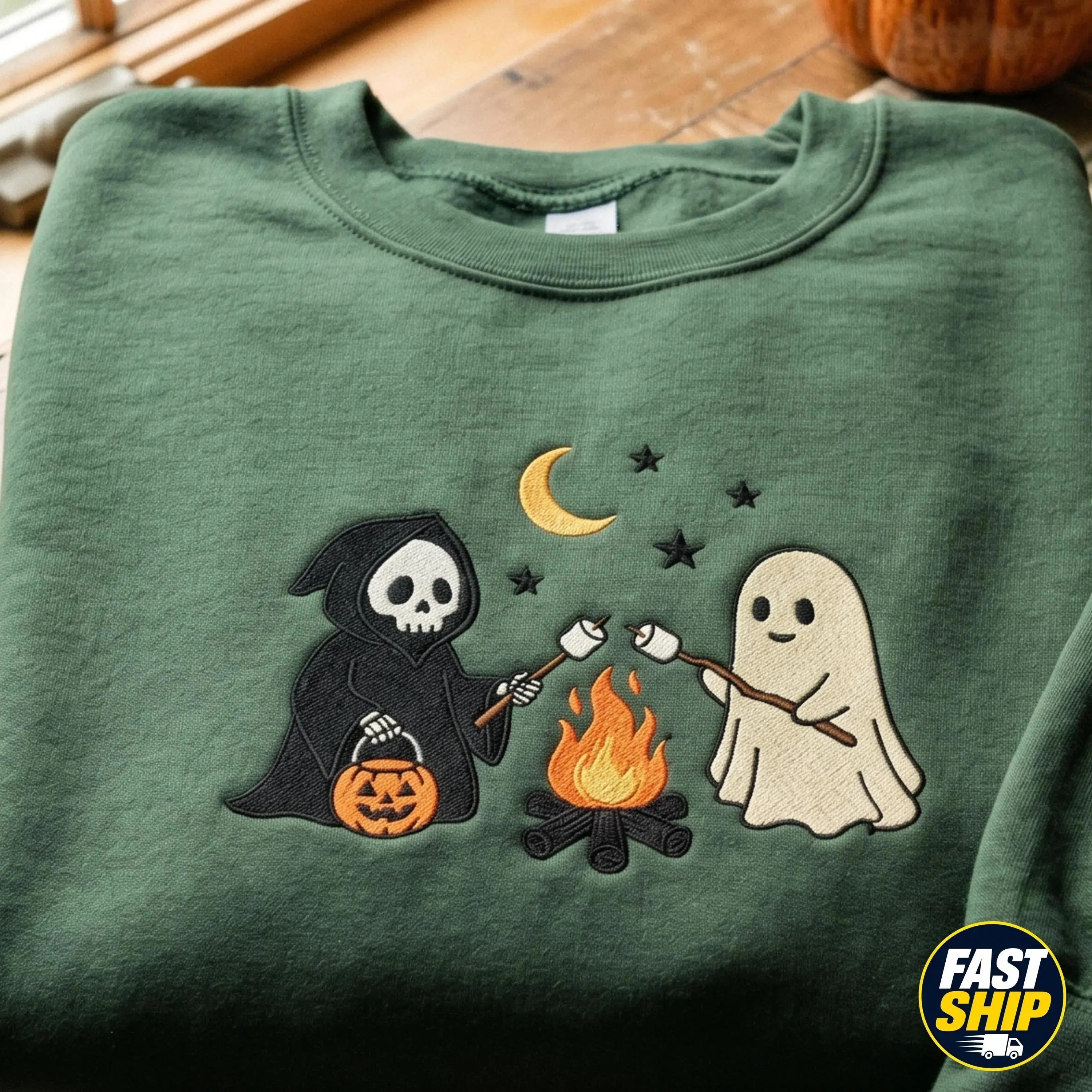 Women's Fleece Sweatshirt with Embroidered Ghosts, Spooky Season Camping Hoodie, Soft Air Jet Yarn with Spandex Stretch, Jersey