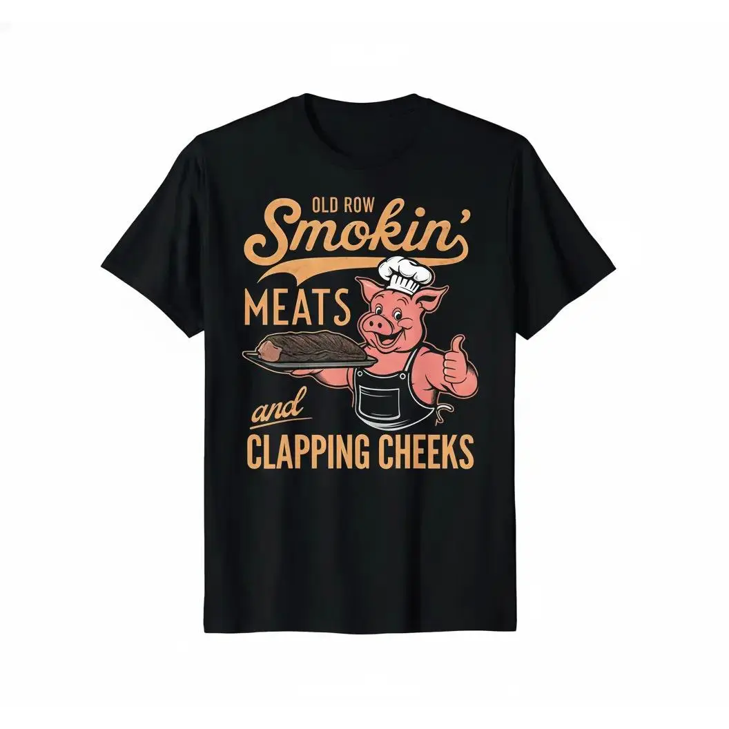 Smokin' Meats and Clapping Cheeks Funny BBQ Pig Graphic T-Shirt, 100% Cotton Humorous Grilling Tee for Men