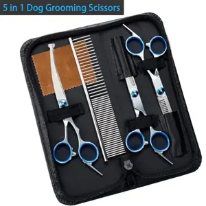 5 in 1 Premium Dog Grooming Scissors, Professional Dog Scissors for Grooming with Safety Round Tips, Stainless Steel Thinning Shears, Pet Cat Shears for Grooming Kit