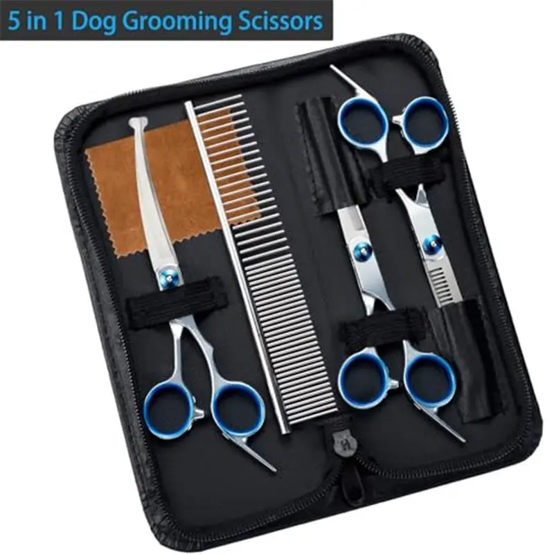 5 in 1 Premium Dog Grooming Scissors, Professional Dog Scissors for Grooming with Safety Round Tips, Stainless Steel Thinning Shears, Pet Cat Shears for Grooming Kit