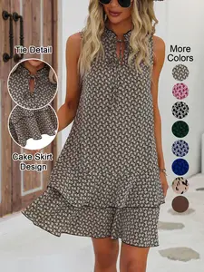Women's Geometric Print Bow Tie Dress, Tiered Layer Cake Skirt, Casual Chic Spring Summer Wear, Fitted Short Sleeveless Design