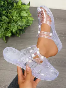 Summer New Women's Crystal Shoes, Odor-Resistant Slip-On Sandals, Waterproof Transparent Jelly Shoes for Beach & Outdoor, Breathable Hollow Design