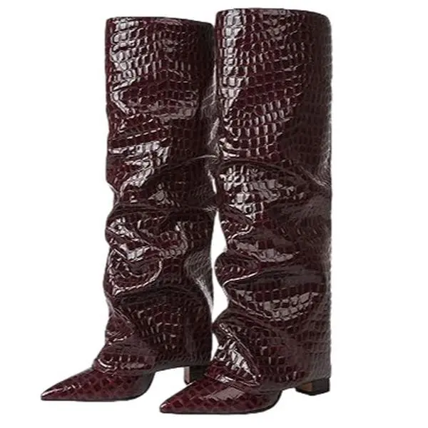 Women's Stylish PU Leather Knee-High Wide Calf Boots, Chunky High Heel, Pointed Toe, Fold-Over Pull-On Footwear for Winter Fall Shoe Trends
