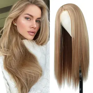 Mofyue 13x4 Lace Front Wig Synthetic Hair Highlight Blonde Straight Wig with Preplucked Hairline for Women 24inch Daily