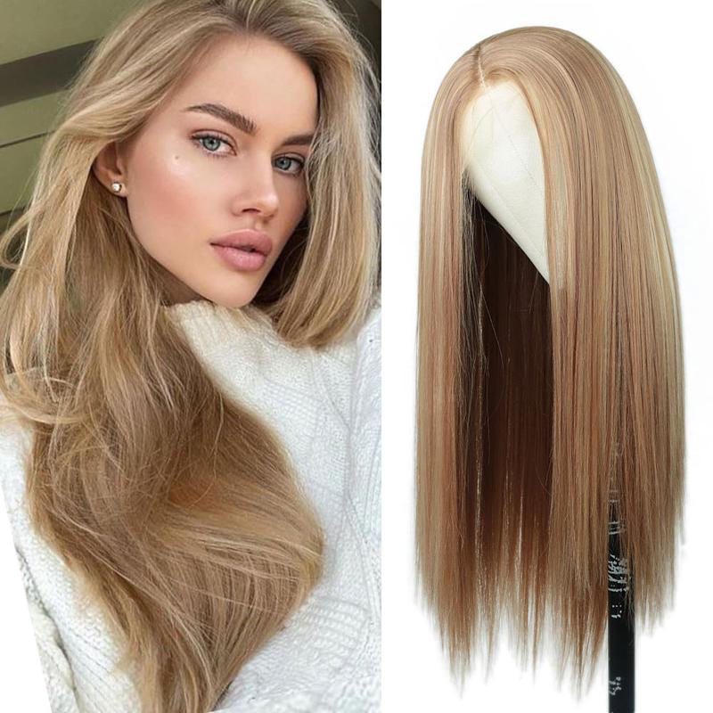 Mofyue Female 28in Synthetic Lace Front Wig, 13x4 Swiss Lace, Blonde Highlight Silky Straight Heat Friendly Wig with Preplucked Hairline & Adjustable Straps, for Wedding & Daily Wear
