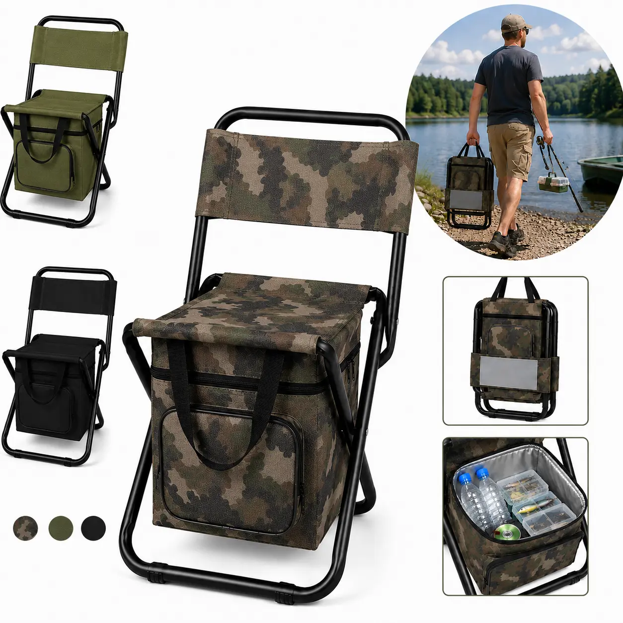 Wstrnix Foldable Fishing Chair with 10L Cooler Bag, 3-in-1 Portable Fishing Stool with Backrest, Insulated Camping Chair Supports 300 lbs, Lightweight Folding Seat for Fishing, Hunting, Hiking, Beach and Outdoor Travel