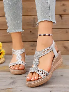 Boho Style Braided Hollow Out Wedge Sandals, Buckle Strap Thick Sole Heeled Outdoor Shoes for Women, Summer Vacation Sandals for Ladies Footwear