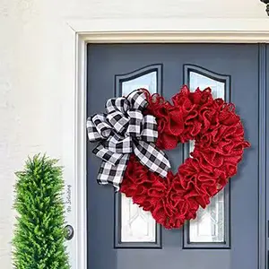 Red Heart Shaped Wreath 15.7'' Romantic Artificial Garland for Wedding Floral Photo Backdrop Props Door Wall Hanging Decoration with Plaid Bowknot