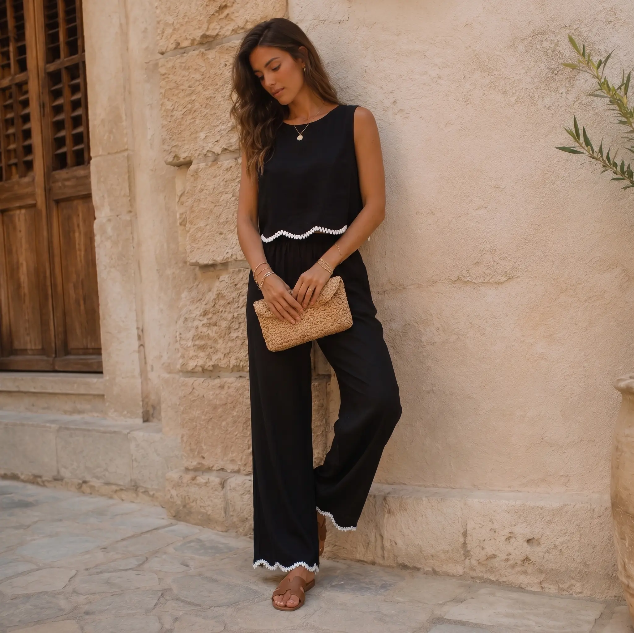 Women's Elegant Black Polyester Jumpsuit with White Trim - Sleeveless Wide-Leg, Below-the-Ankle Fitted Plain Design, Formal Casual Fashion Minimalist Basic Womenswear Set